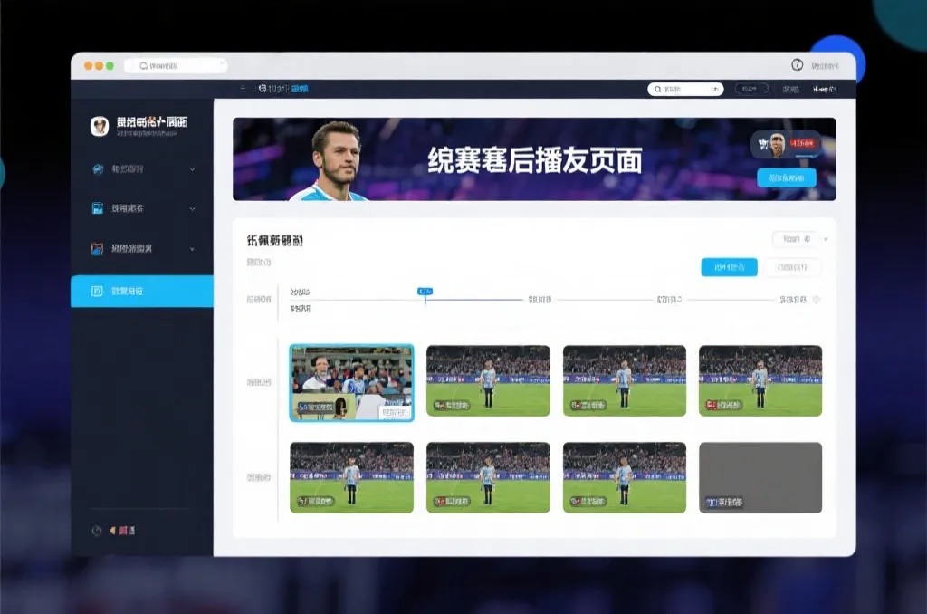 比赛结束后，电视屏幕展示集锦回放页面，旁边有时间轴和多角度切换提示
